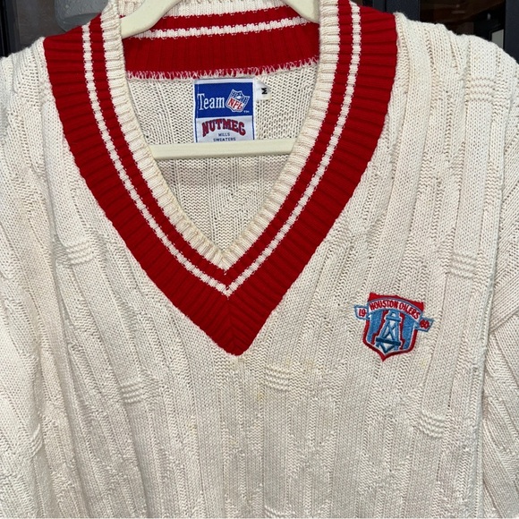 Vintage 90s Houston Oilers Nutmeg NFL Cable Knit Sweater V-Neck football texans - Picture 2 of 8